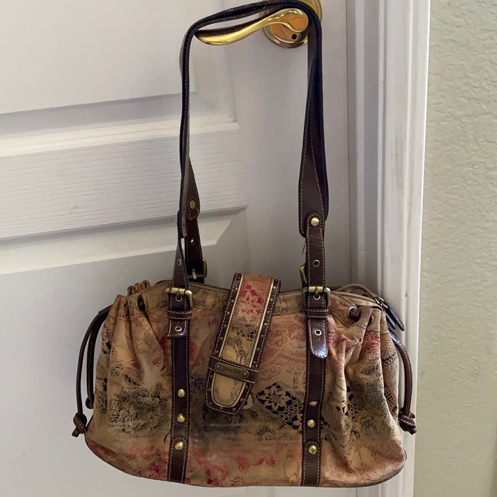 Printed leather handbag, zippered top